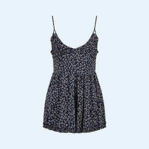 TRIXXI BLUE FLORAL RUFFLE TRIM ROMPER